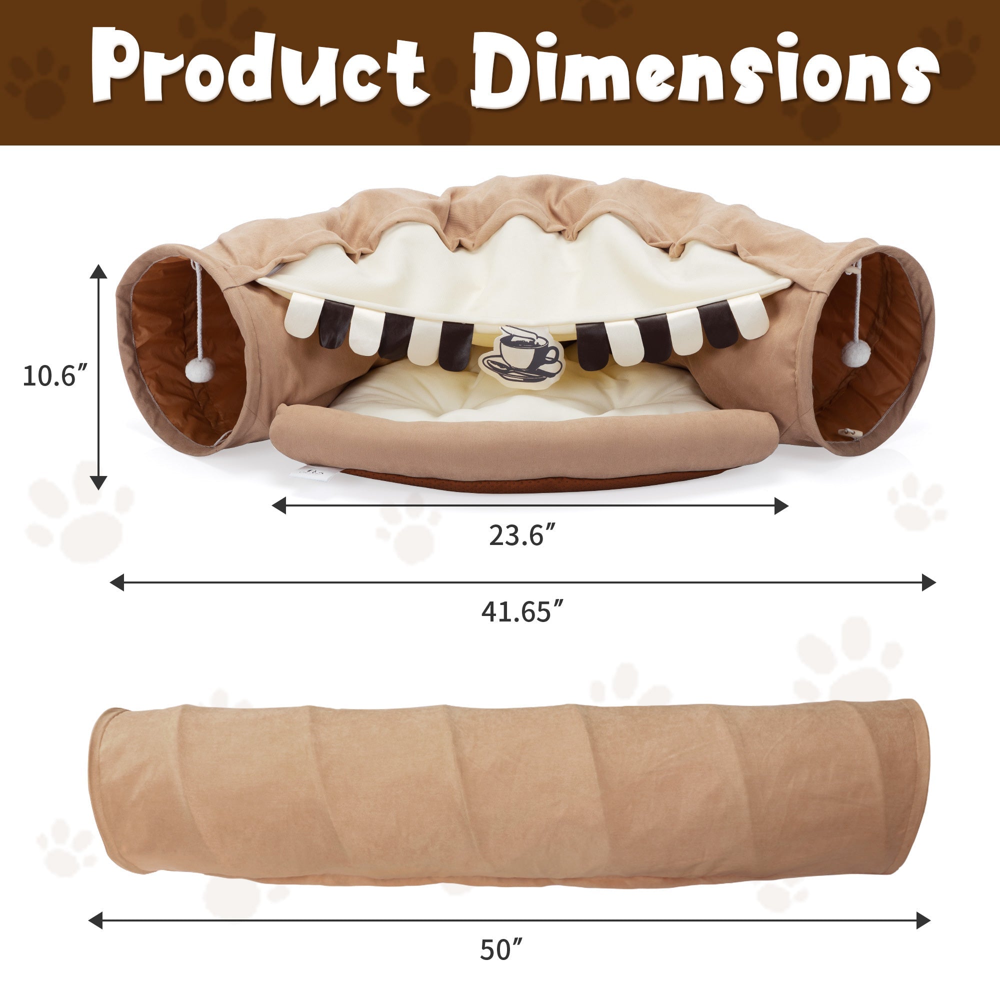 Foldable Cat Tunnel Bed For Indoor Cats, Washable Cat Skin Tunnel With Hanging Toys And Mats, Brown Color